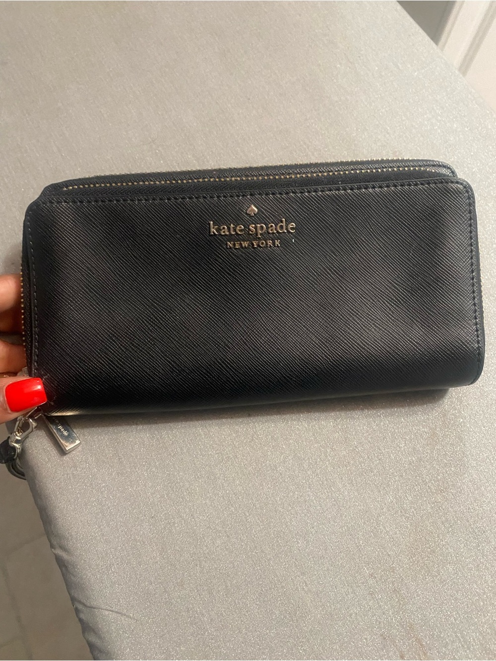 kate spade large Black Zip-Around Saffiano Leather Wallet